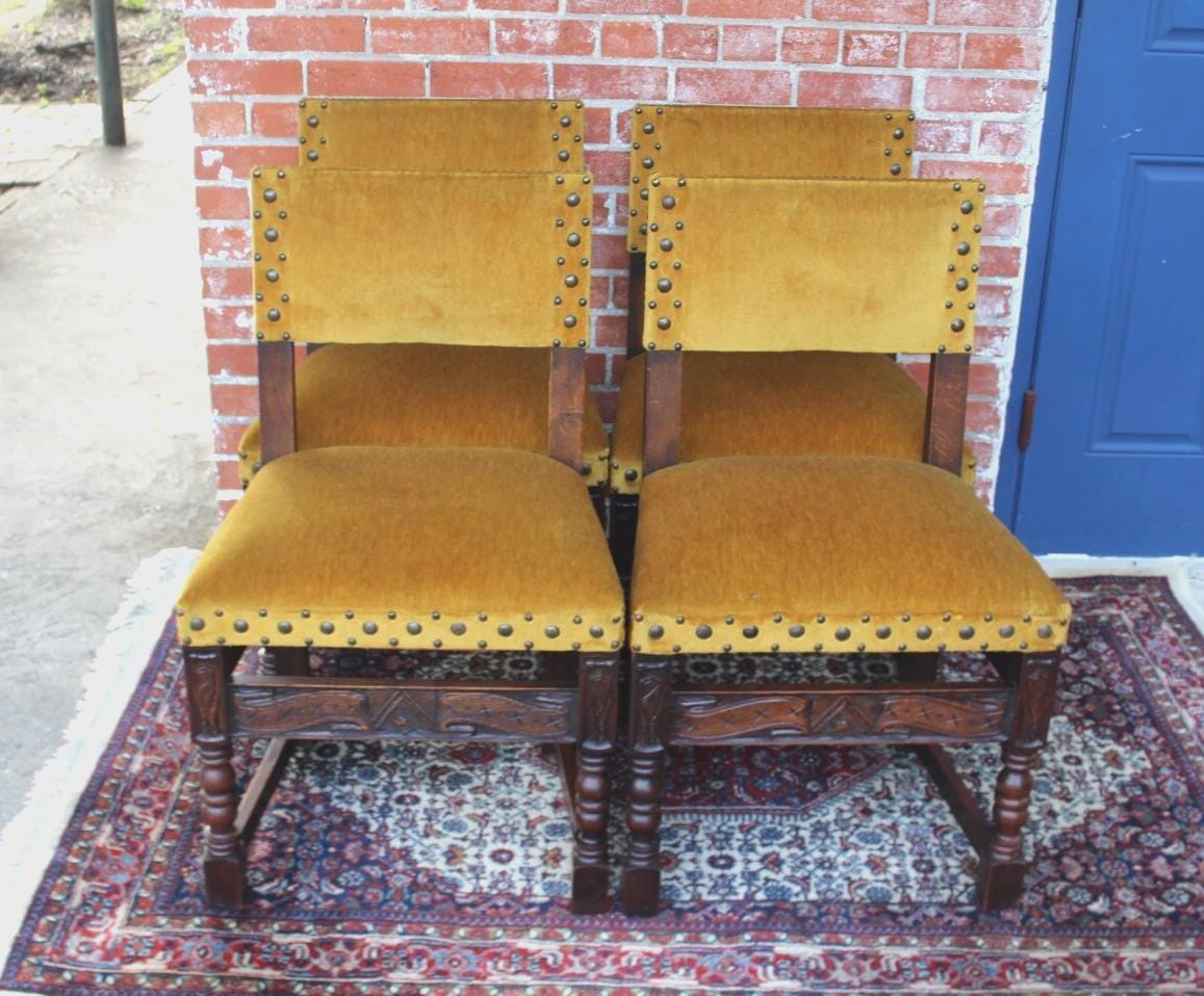 Set of 4 French Antique Renaissance Oak Dining Chairs | Carved & Sturdy Seats