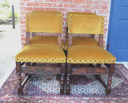 Set of 4 French Antique Renaissance Oak Dining Chairs | Carved & Sturdy Seats