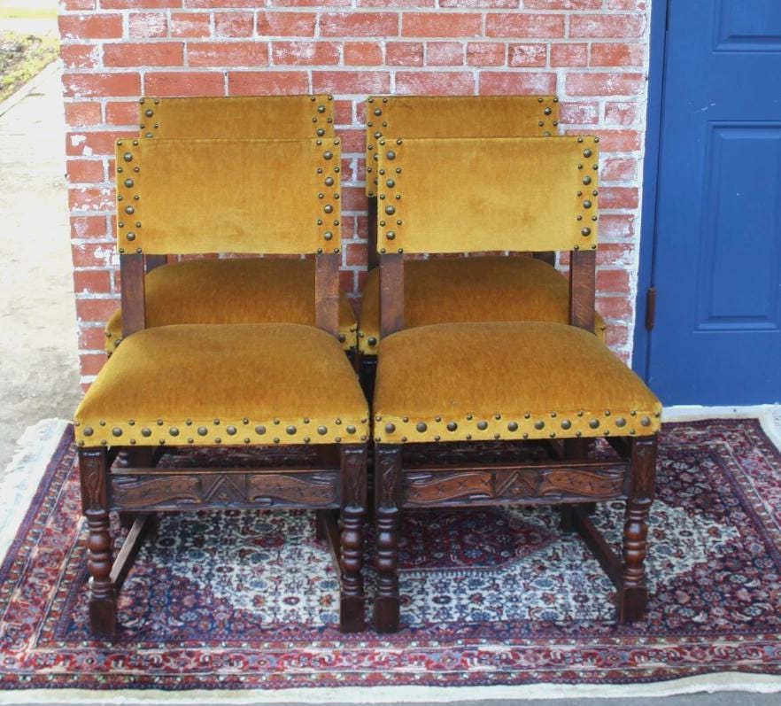 Set of 4 French Antique Renaissance Oak Dining Chairs | Carved & Sturdy Seats