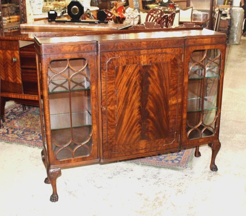 English Antique Flamed Mahogany Display Cabinet | Ball & Claw Feet | Glass Doors