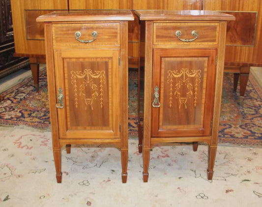 Pair of English Antique Edwardian Nightstands | Inlaid Burled Walnut Cabinets