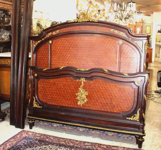 French Antique Louis XVI Queen Bed | Parquetry Rosewood & Ormolu Mounts