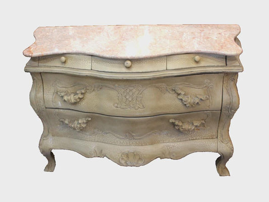 French Antique Painted Louis XV Chest | Marble Top | Carved Drawers & Curves