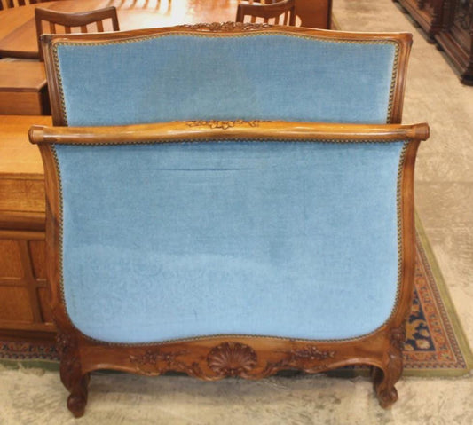 French Louis XV Walnut Upholstered Twin Bed / Day Bed Antique Carved Blue Velvet