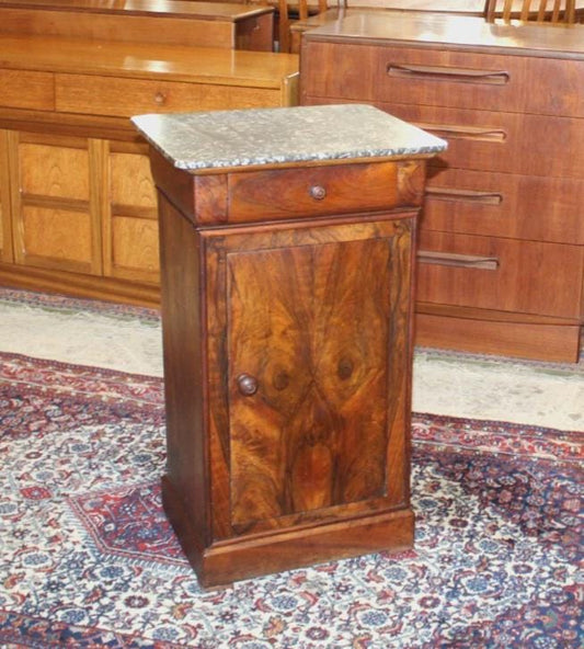 French Antique Walnut Louis Philippe Nightstand | Marble Top Bedside Cabinet c.1850s