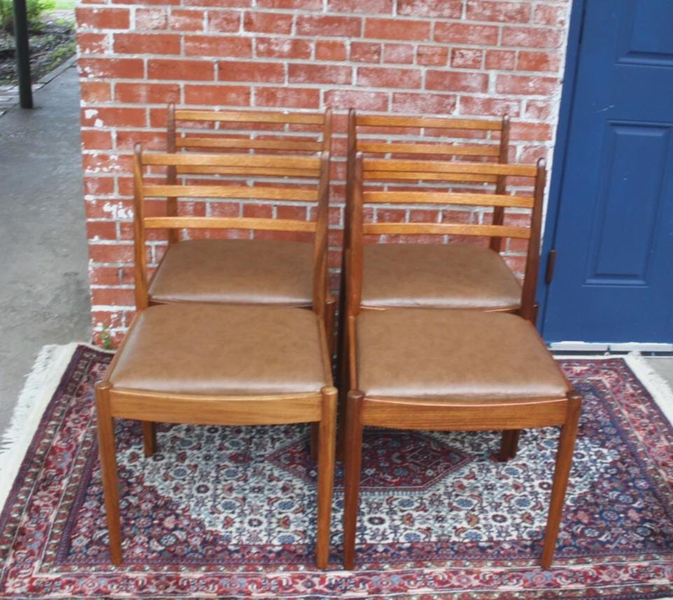 Set of 4 Mid Century Teak Dining Chairs | Brown Vinyl Upholstered Seats
