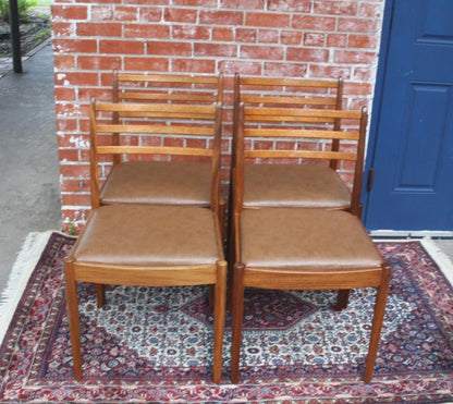 Set of 4 Mid Century Teak Dining Chairs | Brown Vinyl Upholstered Seats