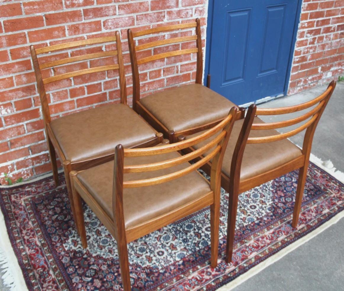 Set of 4 Mid Century Teak Dining Chairs | Brown Vinyl Upholstered Seats