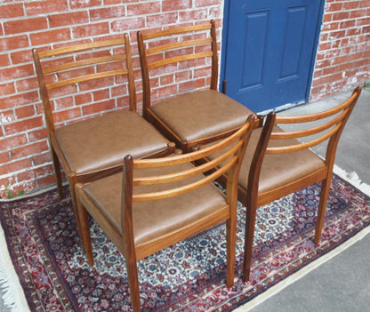 Set of 4 Mid Century Teak Dining Chairs | Brown Vinyl Upholstered Seats