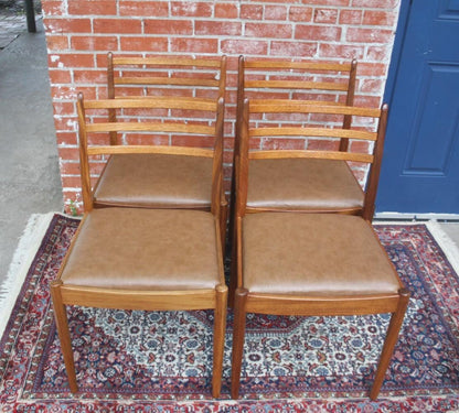 Set of 4 Mid Century Teak Dining Chairs | Brown Vinyl Upholstered Seats