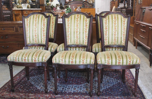 Set of 6 French Mahogany Louis XVI Dining Chairs Antique Upholstered Side Chairs