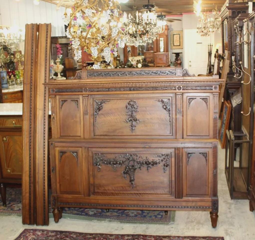 French Antique Walnut Louis XVI Queen Size Bed | Carved Panels & Floral Details