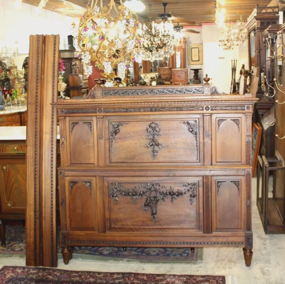 French Antique Walnut Louis XVI Queen Size Bed | Carved Panels & Floral Details