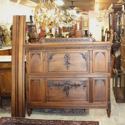 French Antique Walnut Louis XVI Queen Size Bed | Carved Panels & Floral Details