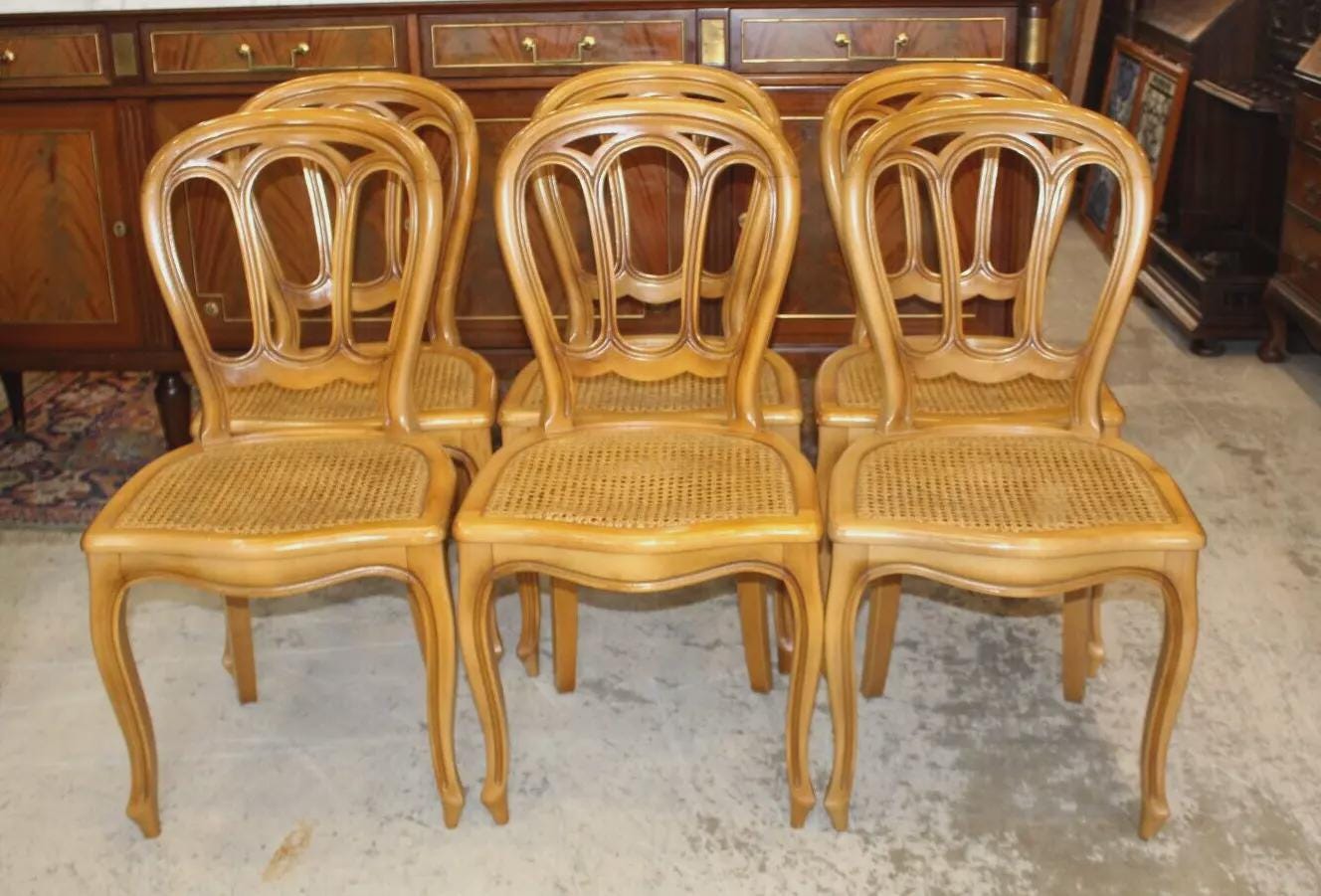 Set of 6 French Antique Louis XV Fruitwood Dining Chairs | Cane Seats | Curved Cabriole Legs