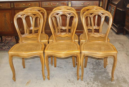 Set of 6 French Antique Louis XV Fruitwood Dining Chairs | Cane Seats | Curved Cabriole Legs