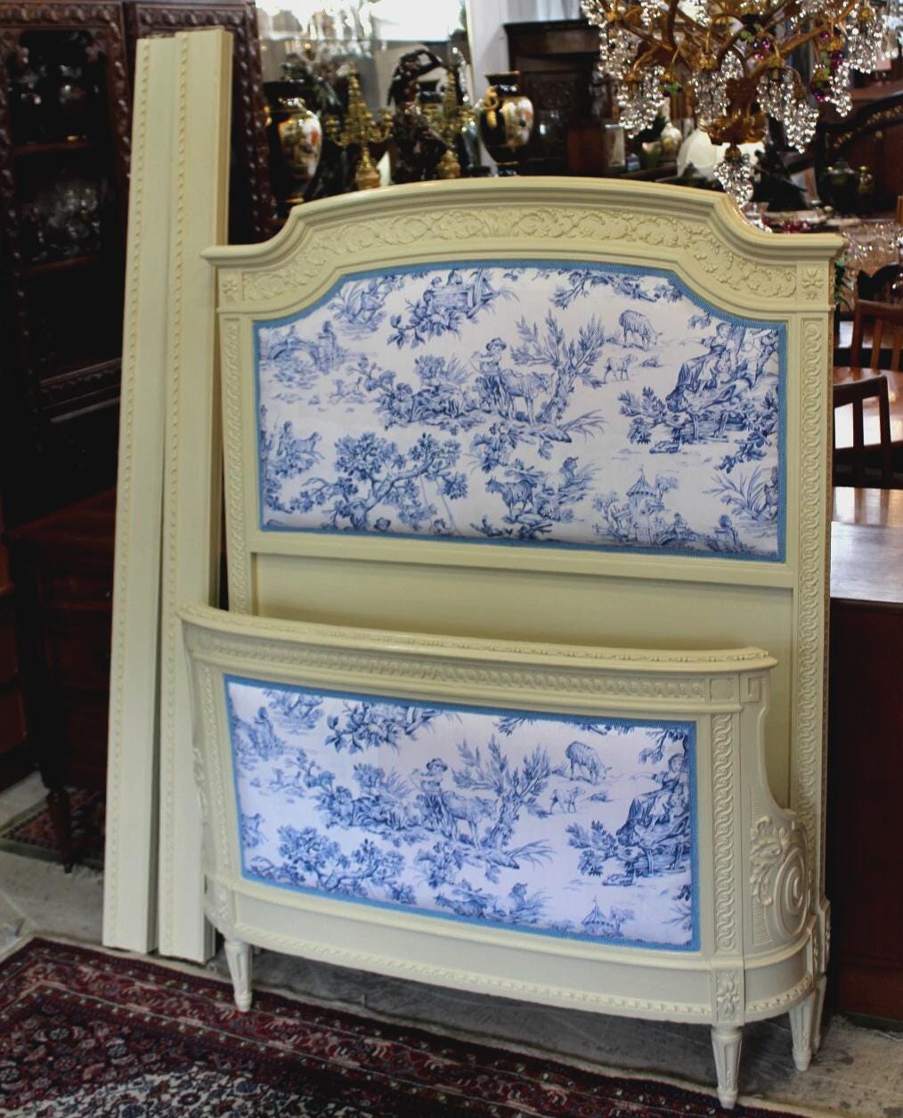 French Louis XVI Painted White Twin Bed New Upholstery Antique Upholstered Headboard