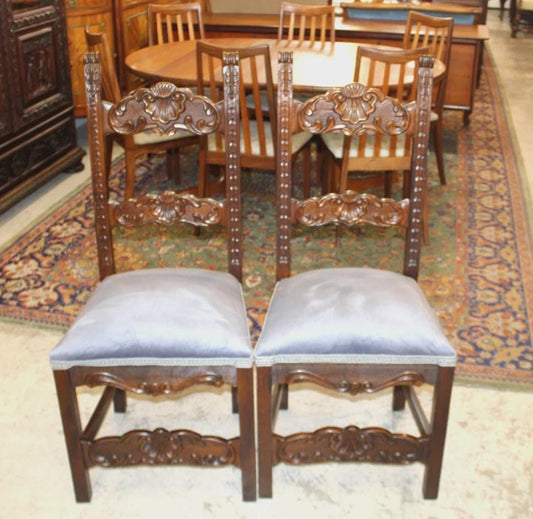 Set of 2 French Renaissance Antique Dining Chairs | Carved Walnut & Upholstered