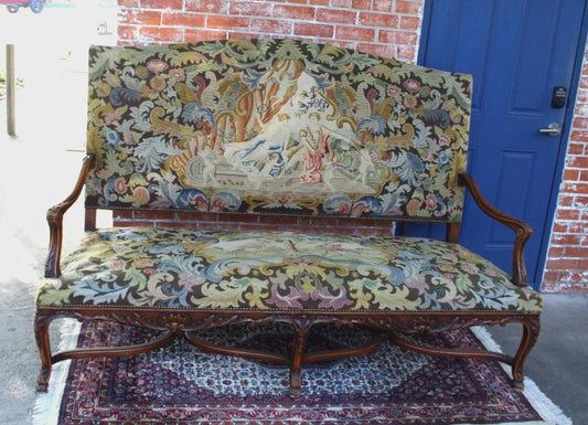 French Louis XV Antique Carved Walnut Sofa | Tapestry Needlepoint Upholstery