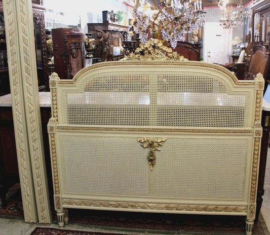 French Antique Painted White Louis XVI Cane Queen Bed