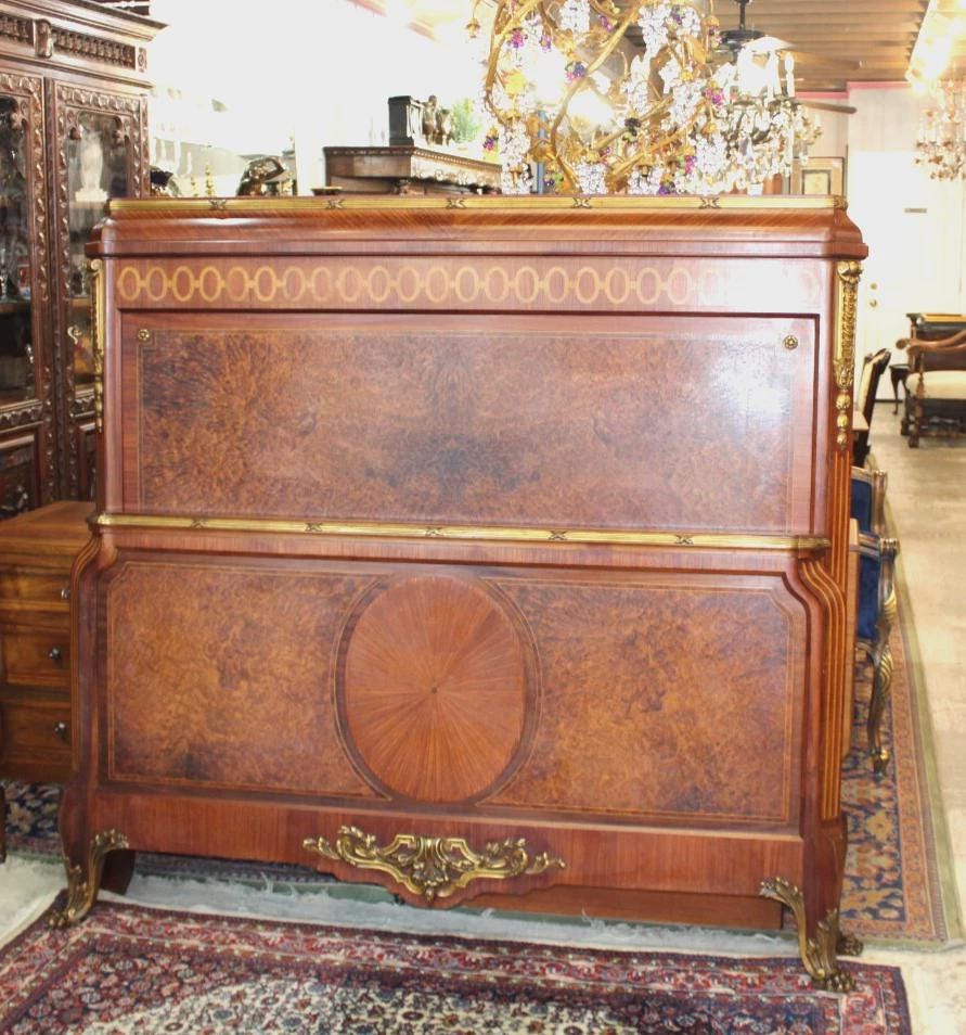 French Antique Louis XVI Inlaid Queen Rosewood Bed | Signed Haentges Ferres