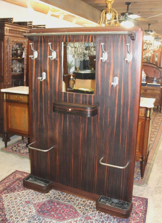 French Antique Ebony Macassar Art Deco Hall Tree | Coat Rack with Mirror Hooks