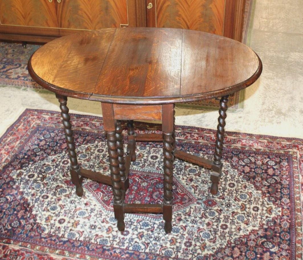 English Antique Jacobean Oak Drop Leaf Table | Barley Twist Legs | Small Size
