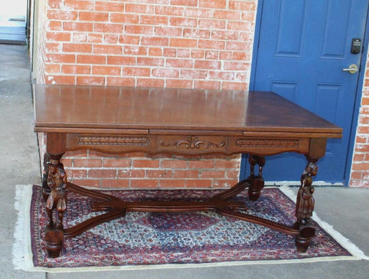 French Antique Brittany Oak Draw Leaf Dining Table | Carved Expandable Table