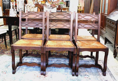 Set of 6 French Antique Renaissance Oak Wood Rush Seat Dining Chairs Sturdy