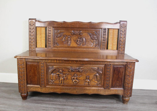 French Antique Brittany Carved Oak Bench w/ Storage | Hall Seat Trunk Chest
