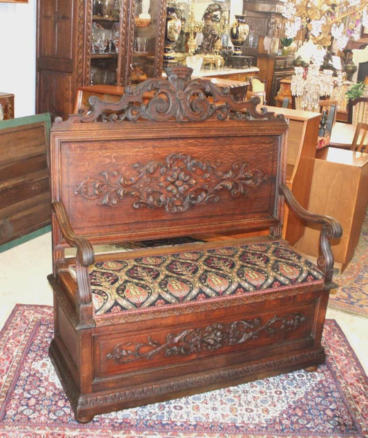 French Antique Carved Oak Renaissance Bench with Storage Trunk Chest