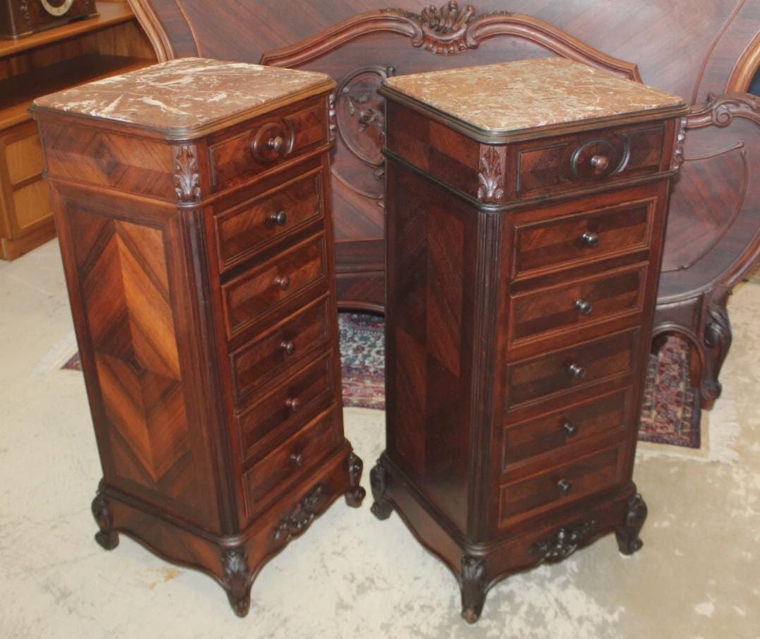 Pair of French Antique Louis XV Rosewood Nightstands w/ Marble Tops