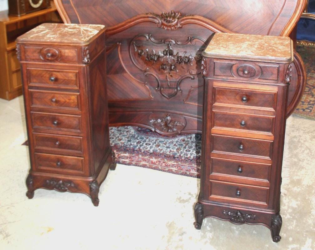 Pair of French Antique Louis XV Rosewood Nightstands w/ Marble Tops