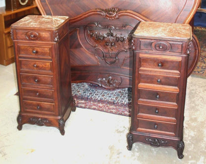 Pair of French Antique Louis XV Rosewood Nightstands w/ Marble Tops