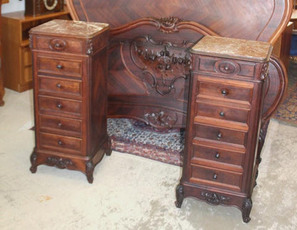 Pair of French Antique Louis XV Rosewood Nightstands w/ Marble Tops