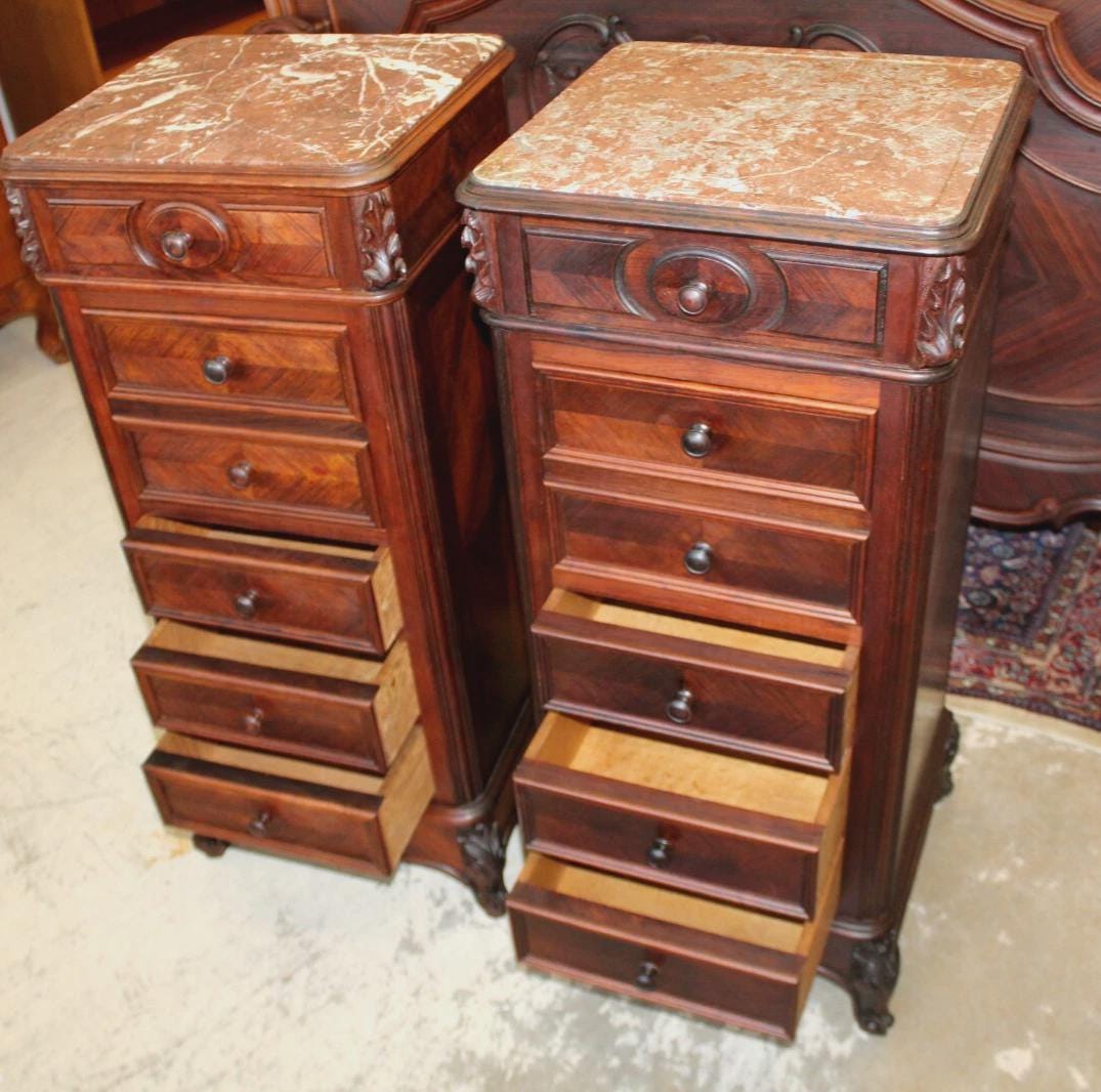 Pair of French Antique Louis XV Rosewood Nightstands w/ Marble Tops