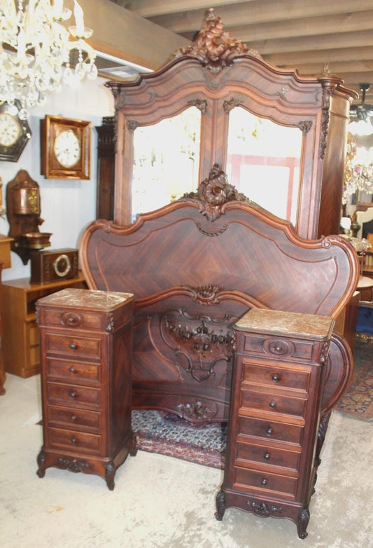 French Antique Louis XV Rosewood Bedroom Set | Bed Armoire 2 Nightstands