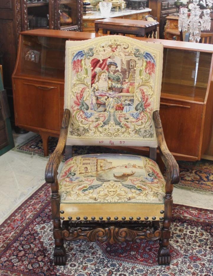 French Antique Oak Renaissance Needlepoint Armchair | Dated 1957