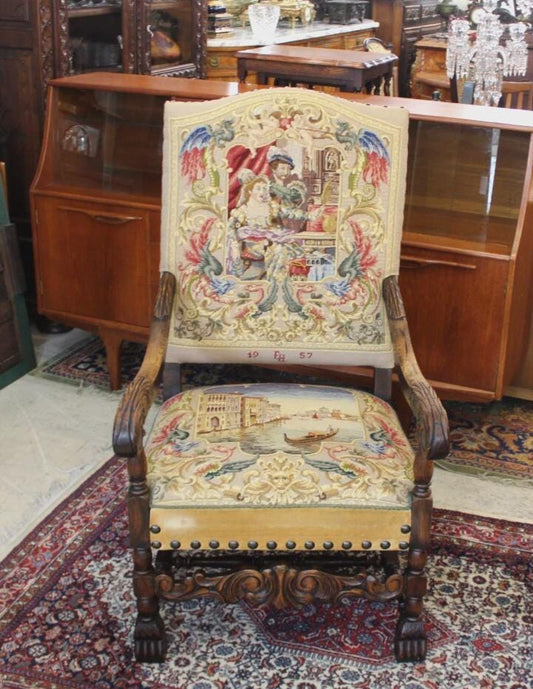 French Antique Oak Renaissance Needlepoint Armchair | Dated 1957
