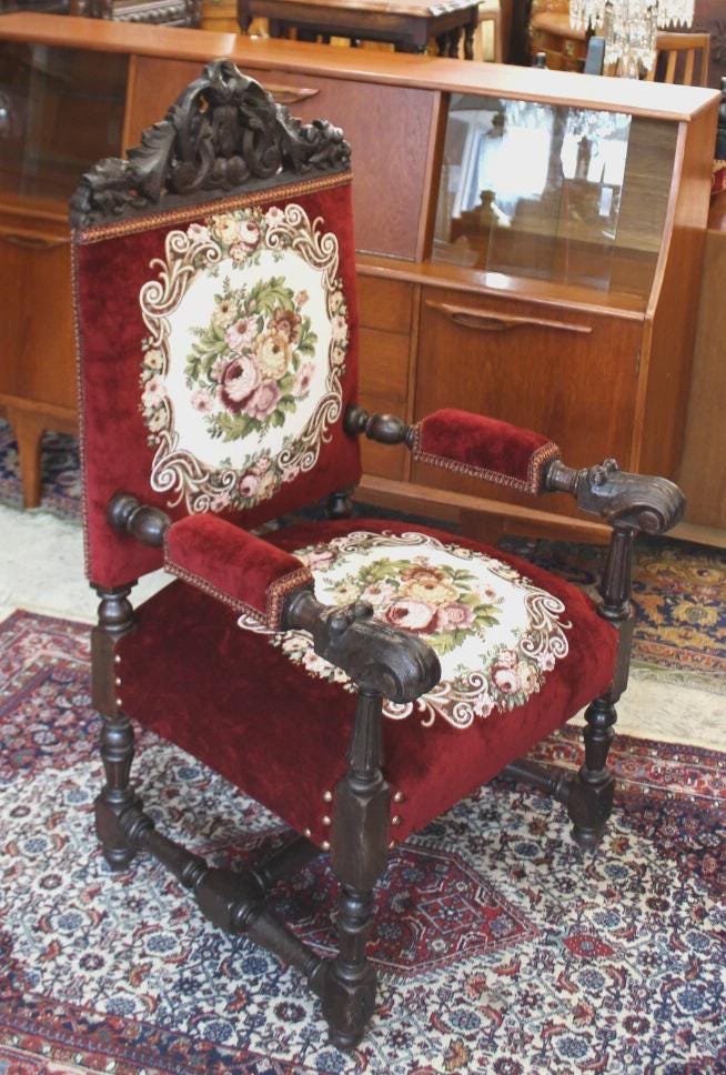 French Antique Oak Renaissance Armchair | New Red Upholstery