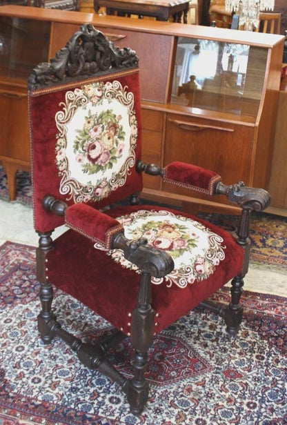 French Antique Oak Renaissance Armchair | New Red Upholstery