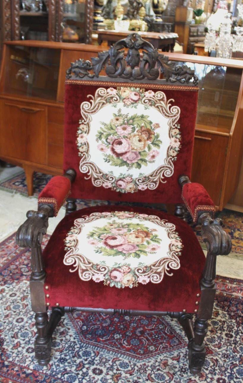 French Antique Oak Renaissance Armchair | New Red Upholstery