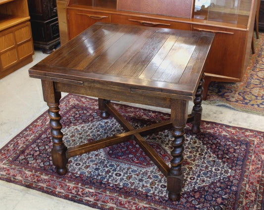 English Antique Jacobean Oak Barley Twist Draw Leaf Kitchen Table