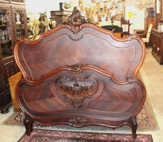 French Antique Louis XV Rosewood Queen Bed | Carved Rococo Style