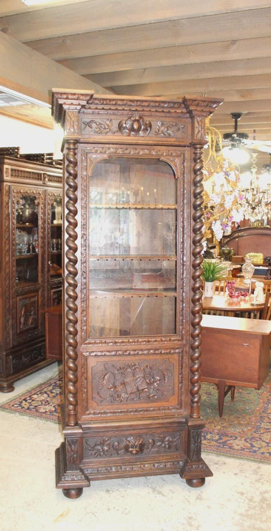 French Antique Oak Wood Louis XIII Bookcase | Carved Display Cabinet c.1880