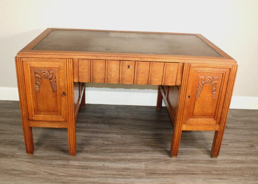 French Oak Antique Art Deco Desk With Key