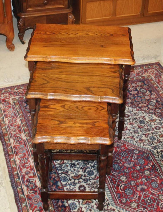 English Antique Jacobean Barley Twist Oak Nesting Tables Set of 3 Vintage Side Tables