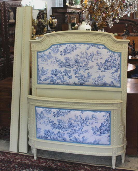 French Louis XVI Painted White Twin Bed New Upholstery Antique Upholstered Headboard