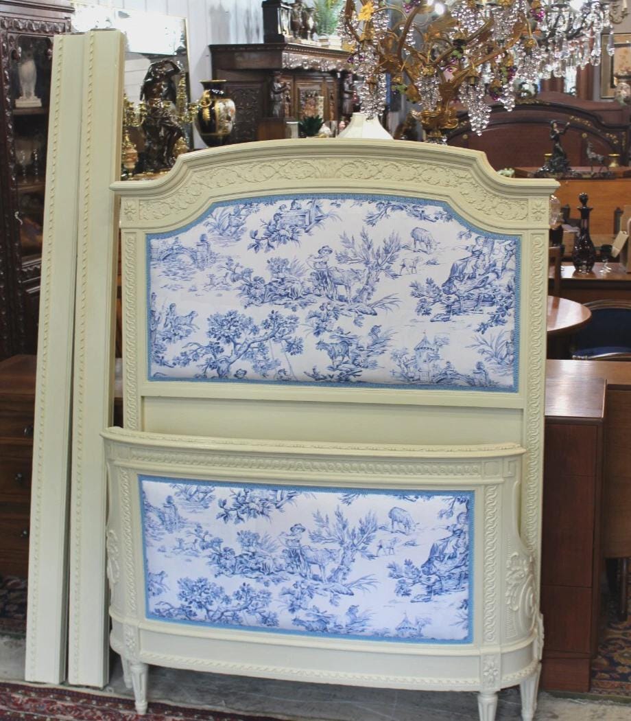 French Louis XVI Painted White Twin Bed New Upholstery Antique Upholstered Headboard