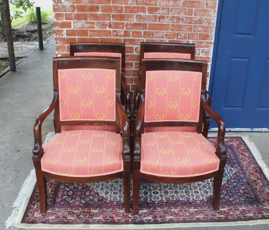 Set of 4 French Mahogany Empire Style Dining Chairs | Red Upholstered Armchairs